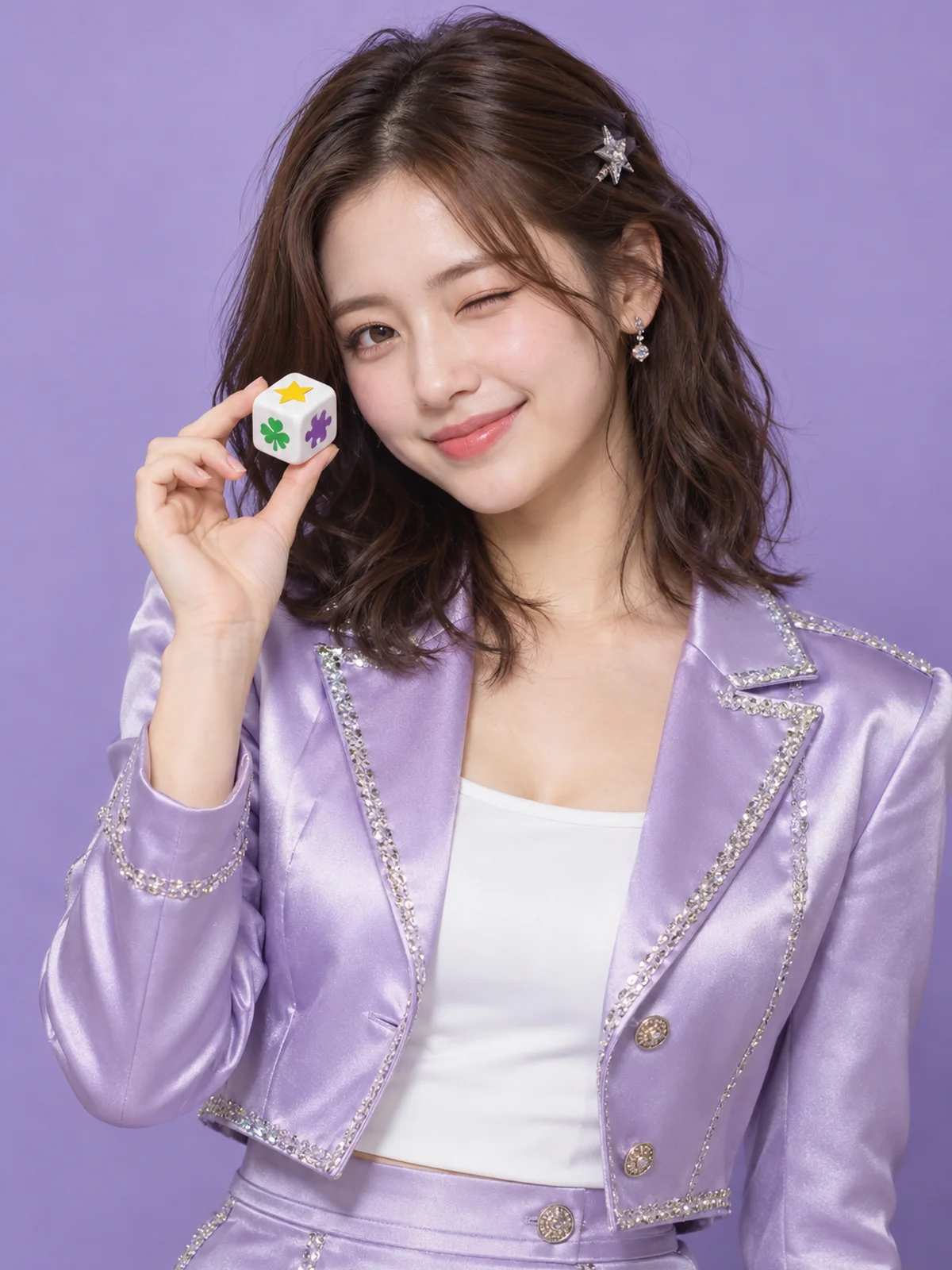成员 01：穿薰衣草紫舞台外套、手拿骰子眨眼的少女
